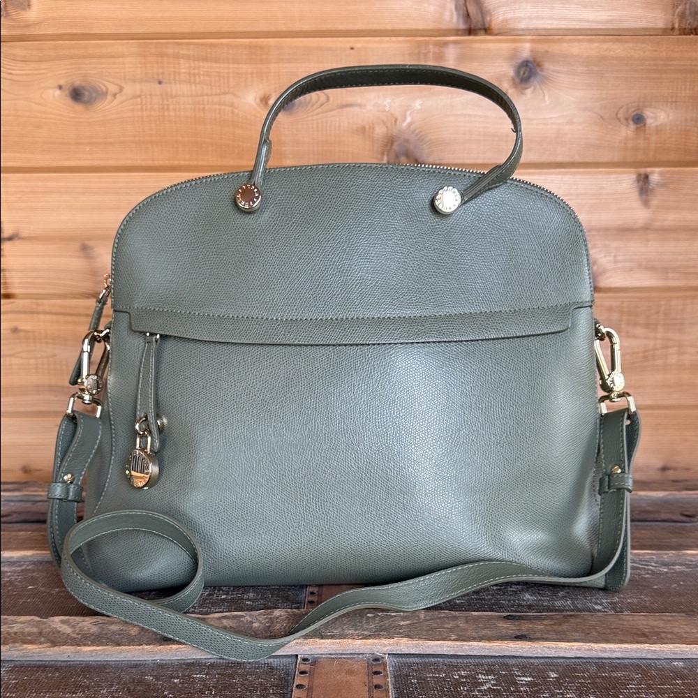 Furla Leather Piper Dome Satchel Crossbody Shoulder Hand Bag Olive Green